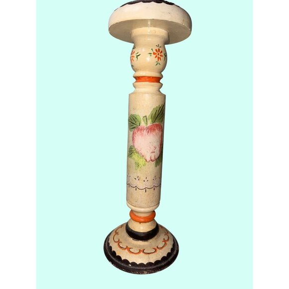 Hand-Painted rustic Wooden Pillar Candle Holder Floral Fruit folk art farmhouse - Picture 2 of 10